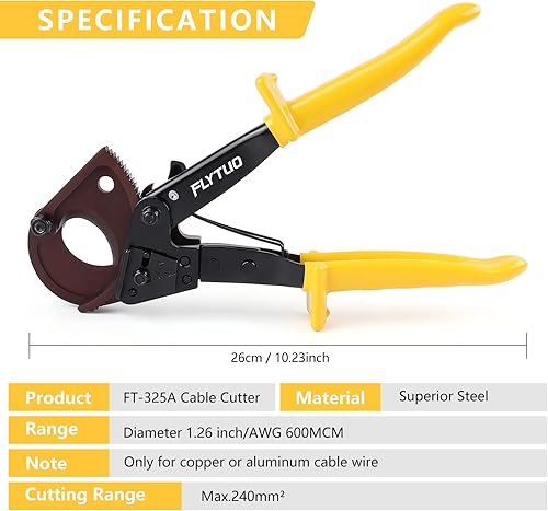 Miniatura 2 de Flytuo Cortadores de cables de trinquete Herramienta resistente para cobre de aluminio y alambre eléctrico de hasta 240 mm (amarillo), FT-325