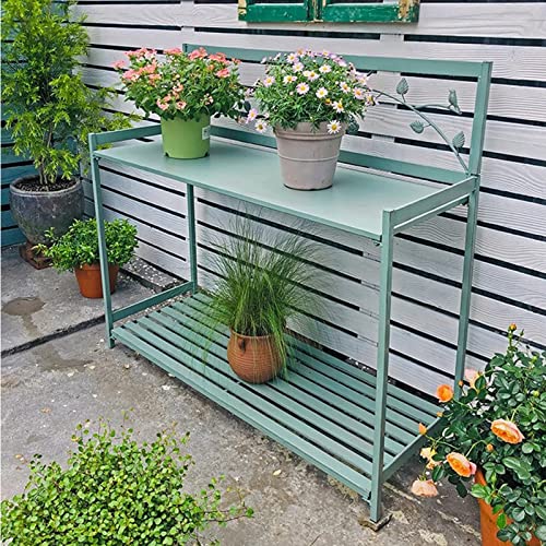 Pflanzbank, Pflanztisch für den Außenbereich, Metall, mit 2 Ebenen, offenem Regal, Gartenarbeitsplatz zum Bepflanzen, langlebiges Design für Terrasse, praktische und funktionale Gartenlösung