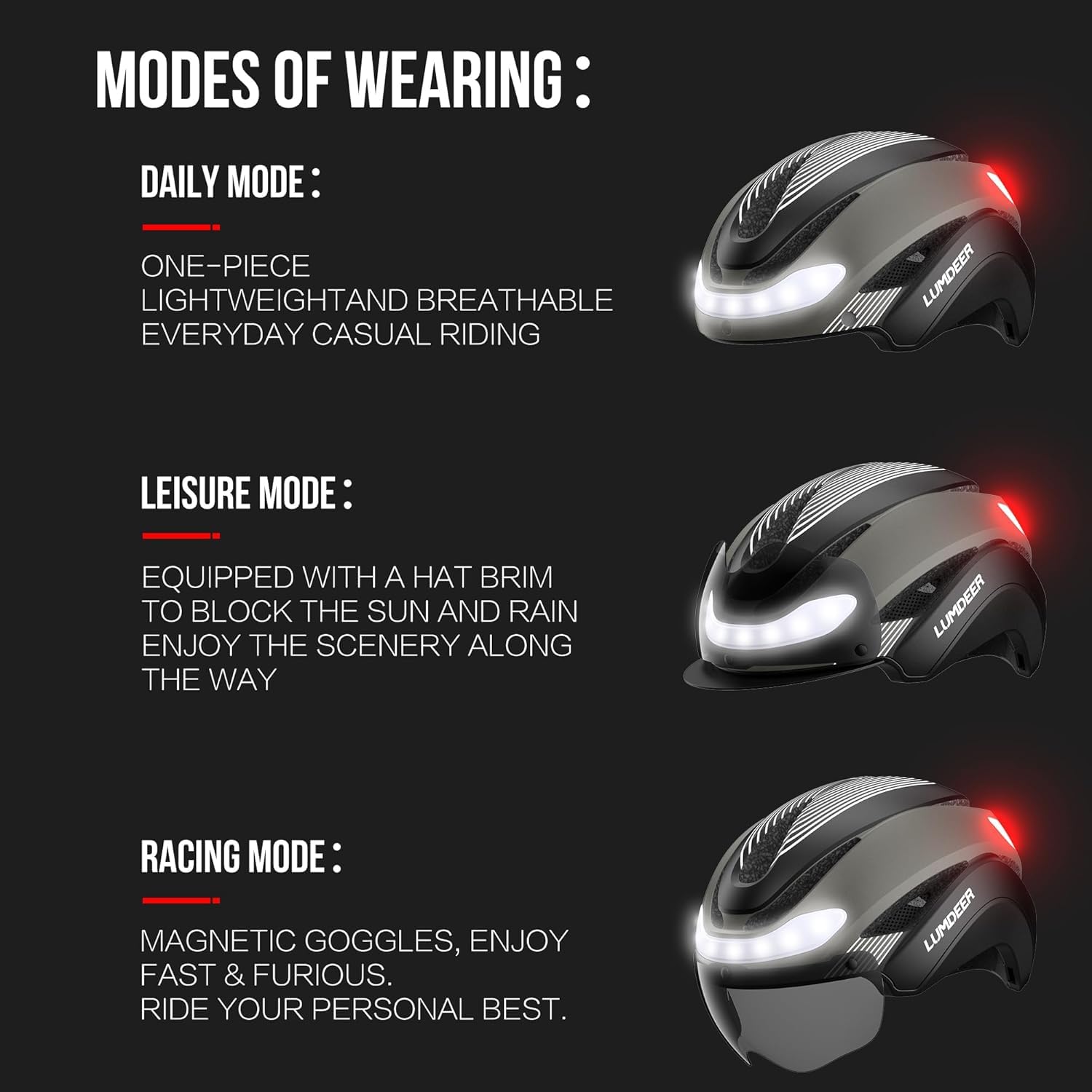 LUMDEER Casco da bici per adulti, uomo e donna, con luci anteriori e posteriori, indicatori di direzione e luce del freno, visiera fotocromatica, casco da ciclismo per pendolari urbani e bici