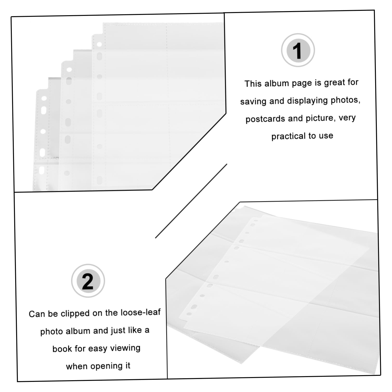 WOONEKY Fogli Raccoglitori per Carte Trasparenti in Pvc, 9 Scomparti per Foglio, 50 Pezzi, Protezione per Foto e Carte per Album ad Anelli