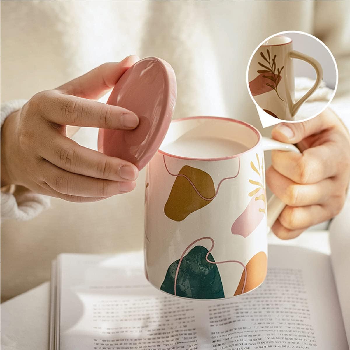 Tazas de café de cerámica, taza de cerámica, taza de café, taza for parejas con asa y tapa, gran regalo for amigos, familiares, amantes, se puede utilizar en casa, oficina, cafetería, 14,1 oz, 1 pieza