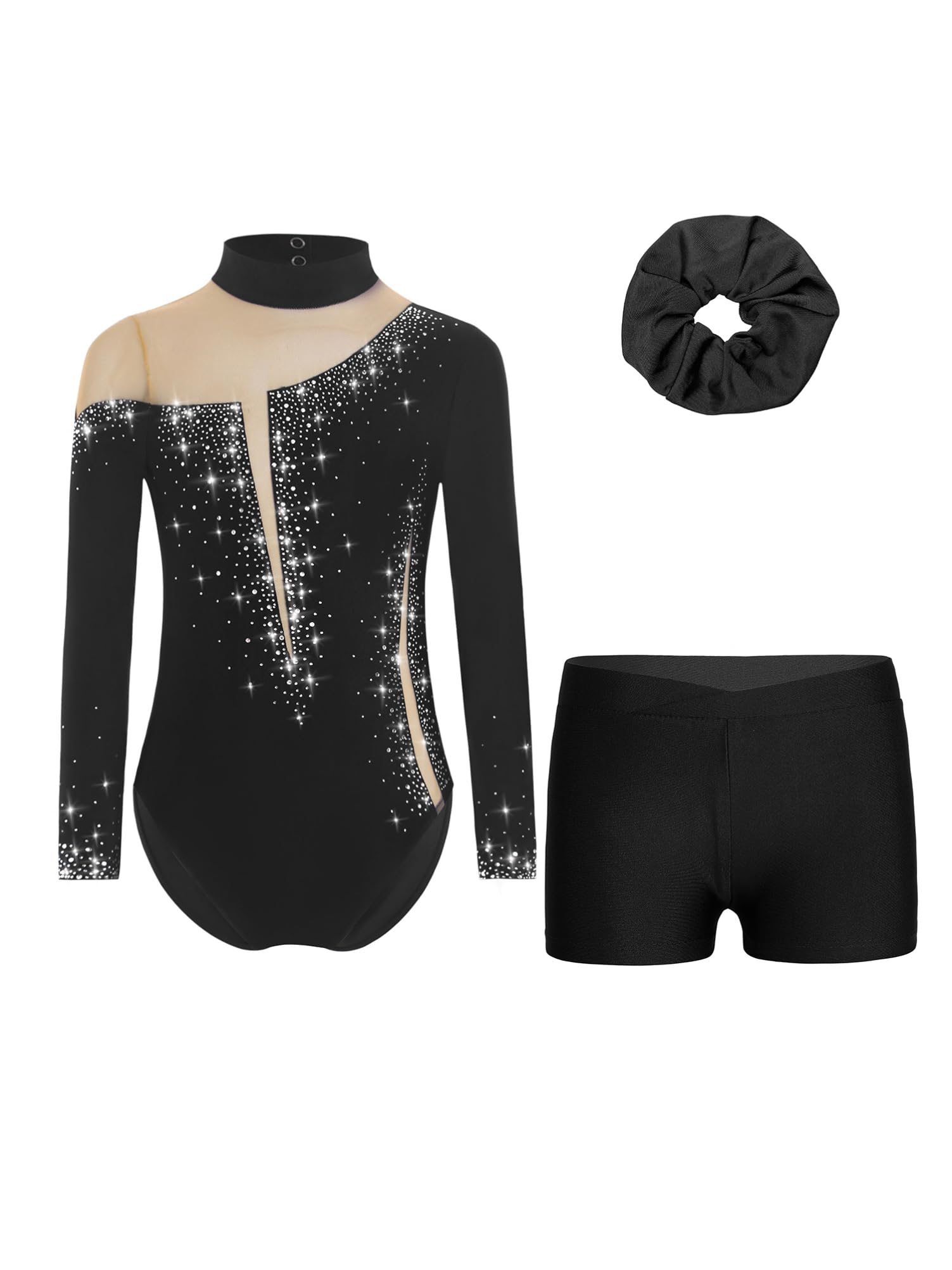 Alvivi Dziewczęcy strój gimnastyczny, brokatowy strój gimnastyczny, długi rękaw, gimnastyka, leotard, z krótkimi spodniami, opaska na włosy, body gimnastyczne, odzież gimnastyczna