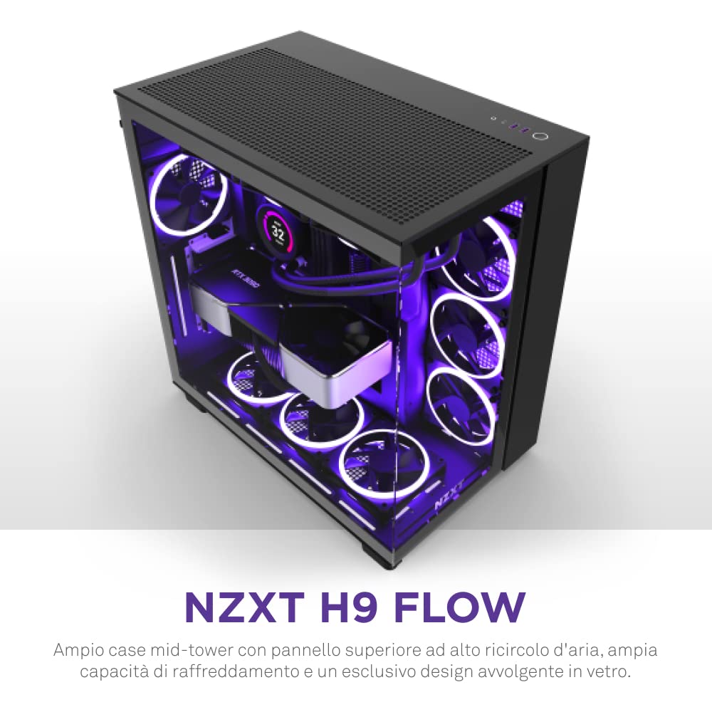 NZXT H9 Flow Case per PC gaming mid-tower ATX a doppia camera, Pannello superiore forato per un elevato ricircolo dell'aria, Pannello frontale e laterale in vetro temperato, Nero, CM-H91FB-01