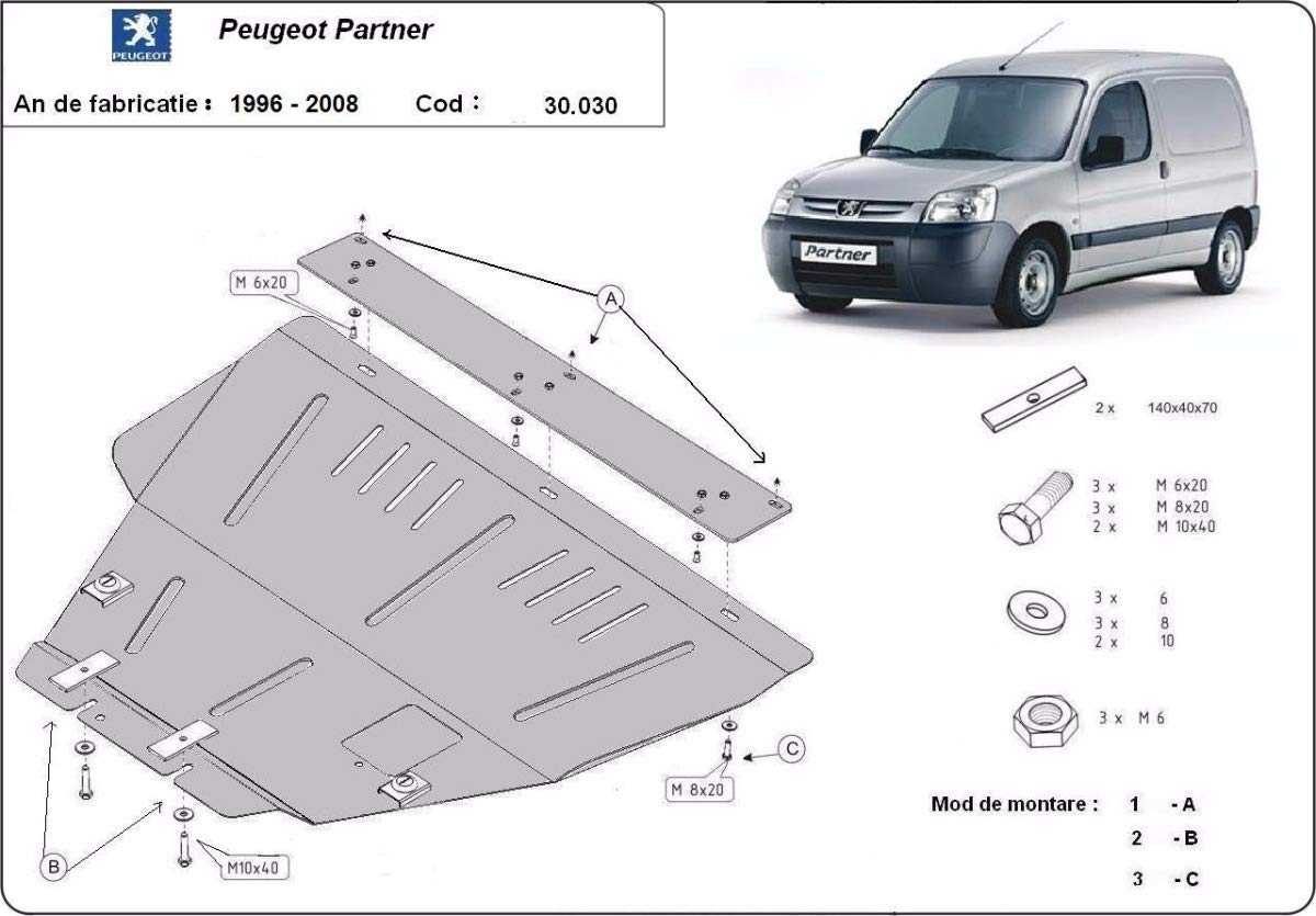 Protección antiempotramiento del motor de acero compatible con Peugeot Partner (1996-2008)