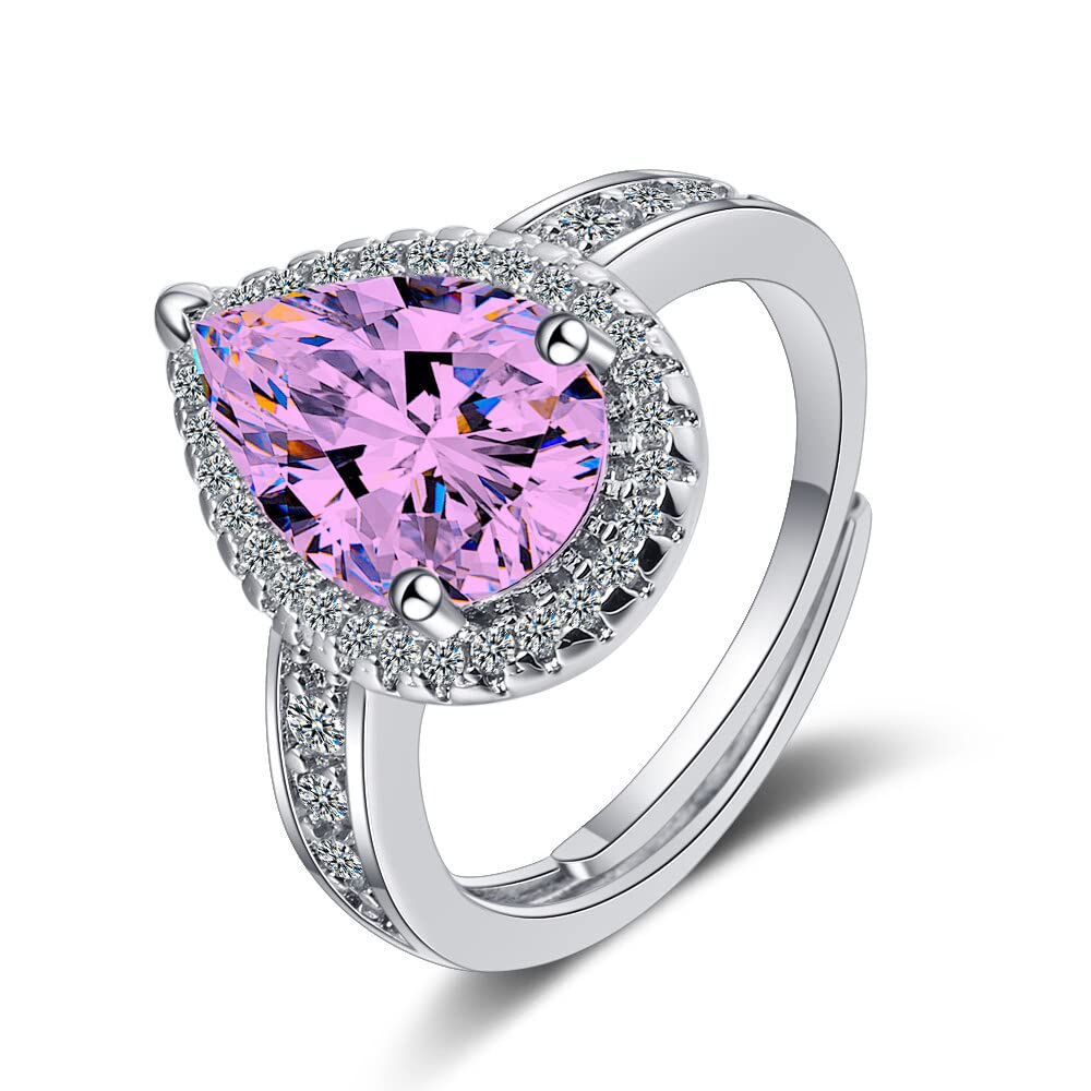 24 JOYASAnillo Gota de Lágrima Rosa Ajustable en Plata - Alianza compromiso de pareja - Sortija feminista para mujer