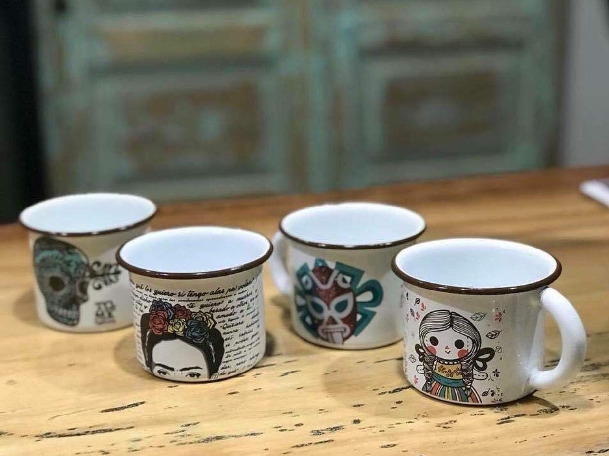 Set de 4 Tazas de Peltre Diseño Mexicano