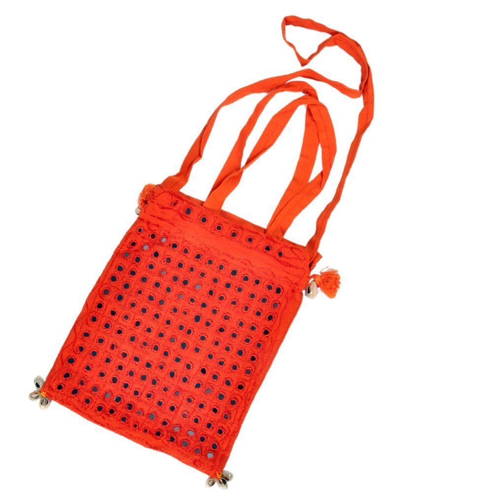 Little India Vibrant Orange Mirror Work Sling Bag 10"x12"x2" - Image 2 thumbnail