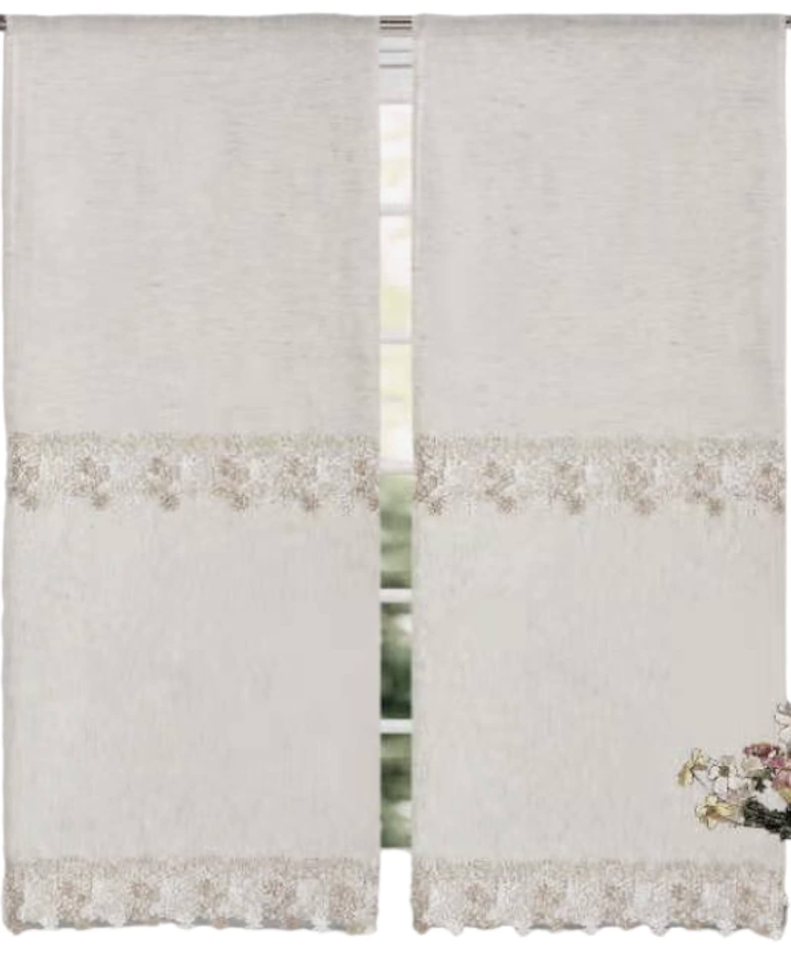 HaraDeco 2 Piezas Cortinas Cocina 60x150cm, Liso clásico, Visillo Combinado Crochet Flores Decorativo, Cortina Tela Elegante para Ventana(60x150cm, Flor Blanca)