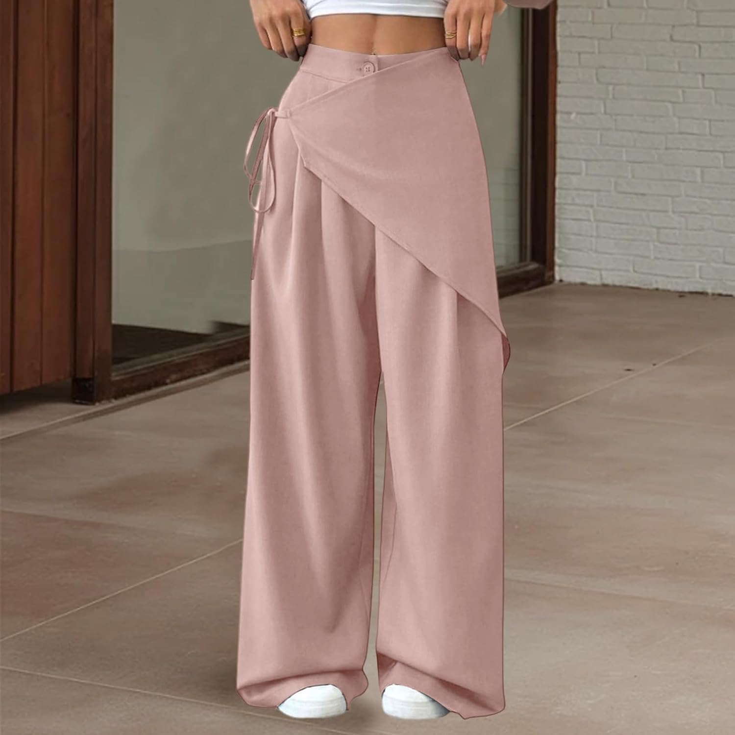 Womens Wide Leg Dress Pants Cute Y2k Wrap Bow Tie Palazzo Trousers Elegant Work Pants Business Casual Office Trousers