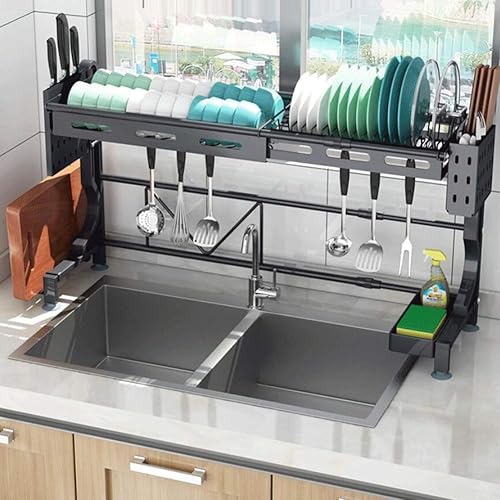 Estante de secado de platos ajustable sobre el fregadero longitud ampliable 228-366in altura ajustable de acero inoxidable escurridor de platos para
