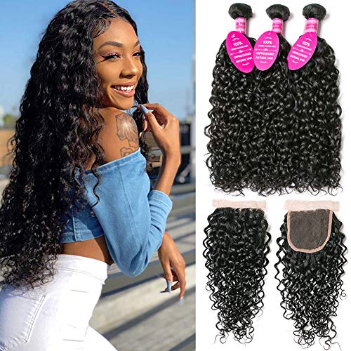 Younsolo Hair Bundles With Closure Water Wave (8 10 12+8) 8A Unprocessed Brazilian Virgin Remy Human Hair 150% Density Free Part Natural Color Curly for Black Women 4X4 Lace With Baby Hair