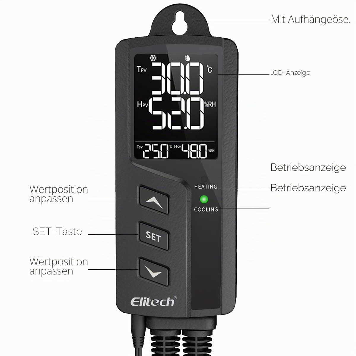 Elitech Thermostat Temperaturregler & Feuchtigkeitsregler Temperatur Steuerung Steckdosen 220V mit Sensorsonde für Gewächshaus Reptilien Terrarium