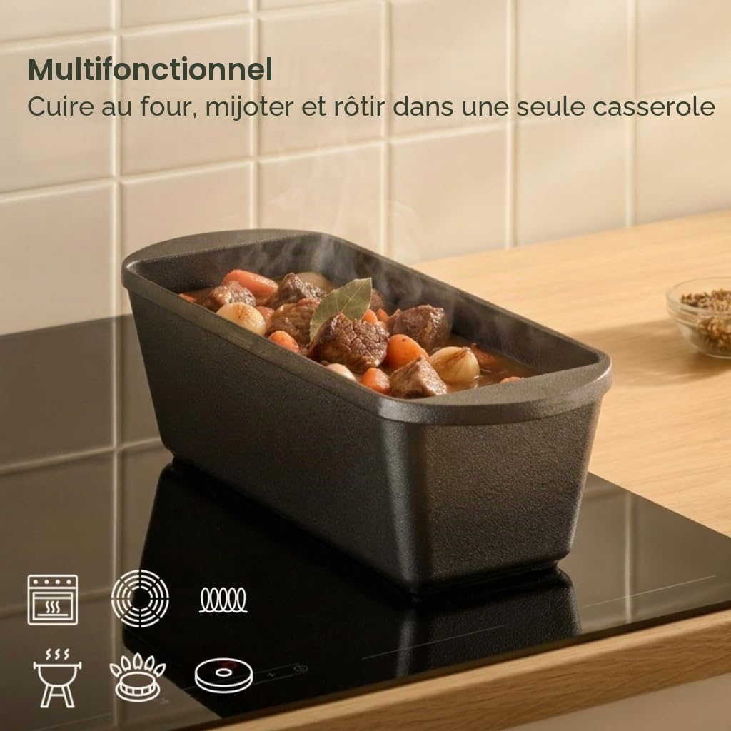 XENIA Moule à pain avec couvercle 28 cm – Avec poignées en silicone – Moule à pain en fonte pour pain et pâte à levre – 3 L Dutch Oven & rôtissoire rectangulaire – Convient pour induction et four
