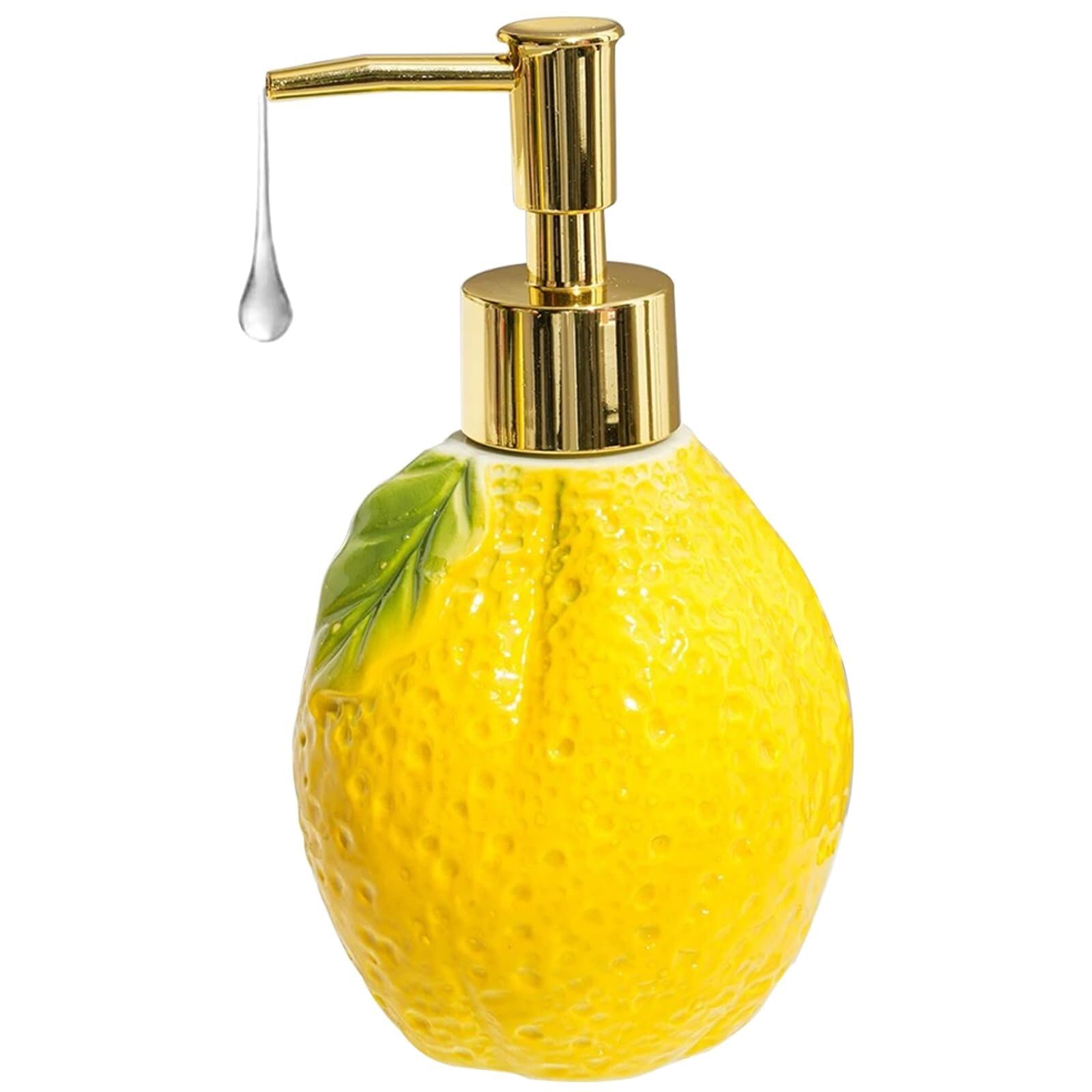 Lotion Dispenser Ceramic Fruit Shaped Soap Dispenser Liquid Body Lotion Bottle Hand For Bathroom Kitchen Dish Soap Bottle(Lemon gold Pump)