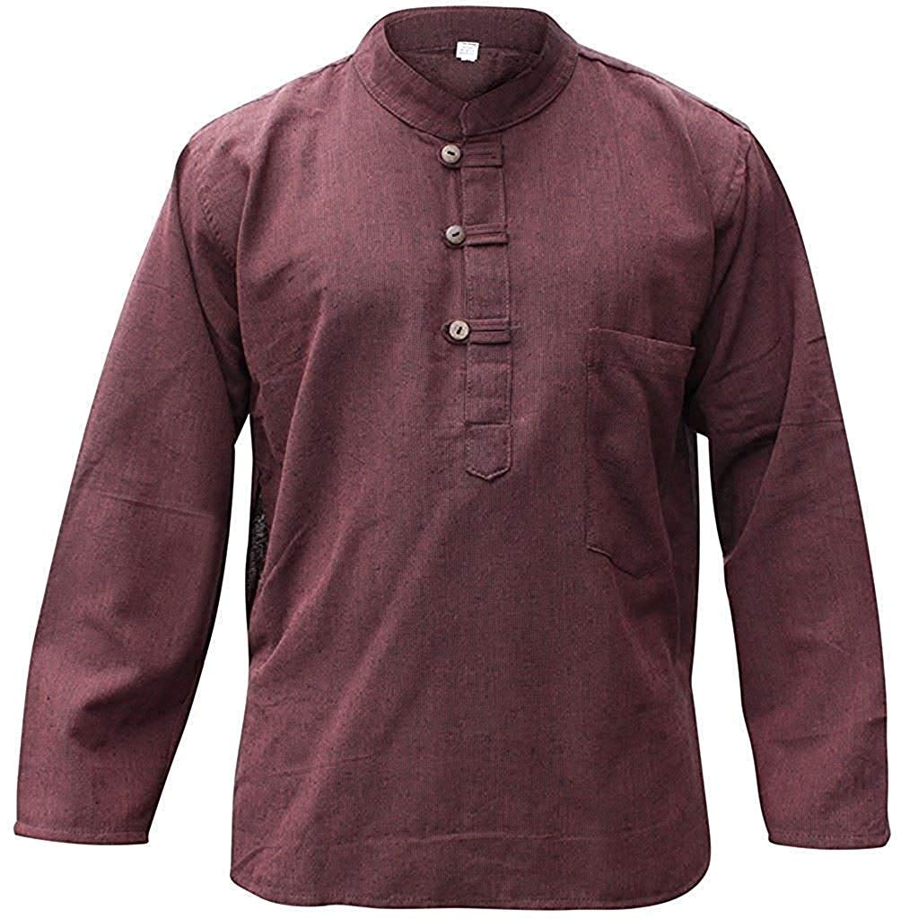 SHOPOHOLIC FASHION Plain Hemp Fabric Band Collar Hippy Grandad Shirts for Men, Brown, 2XL