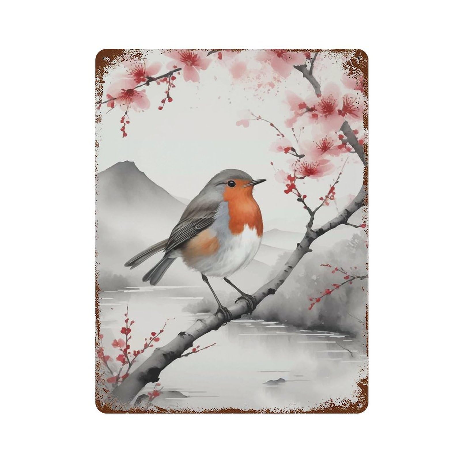 Garage Style Robin on Branch with Cherry Blossoms Decorative Tin Sign 15.7"x11.8", Rustic Home Decor for Bar And Workshop
