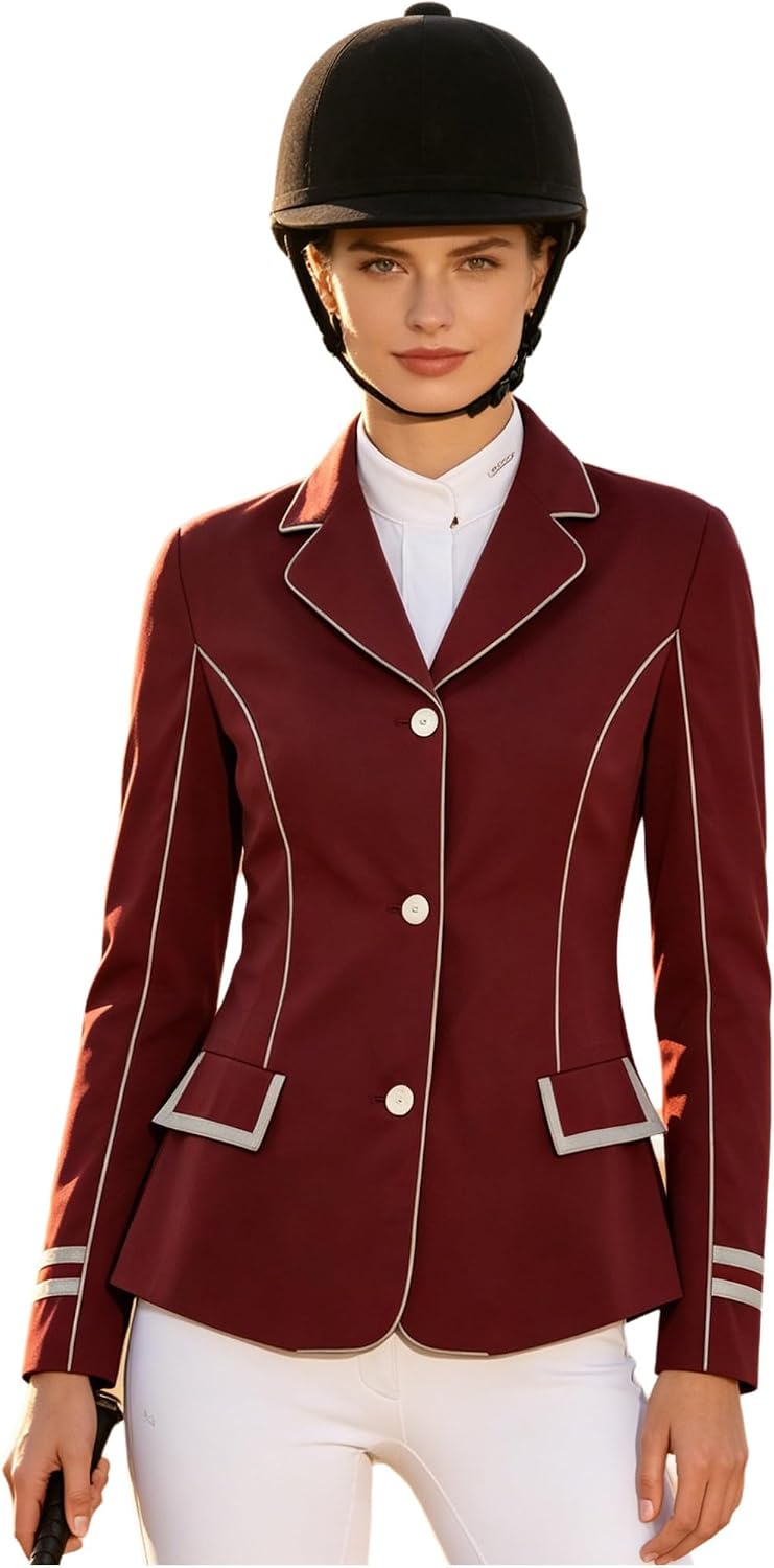 Agoky Women's Horse Riding Training Show Jackets with Pockets Contrast Trim Stretchy Equestrian Jackets