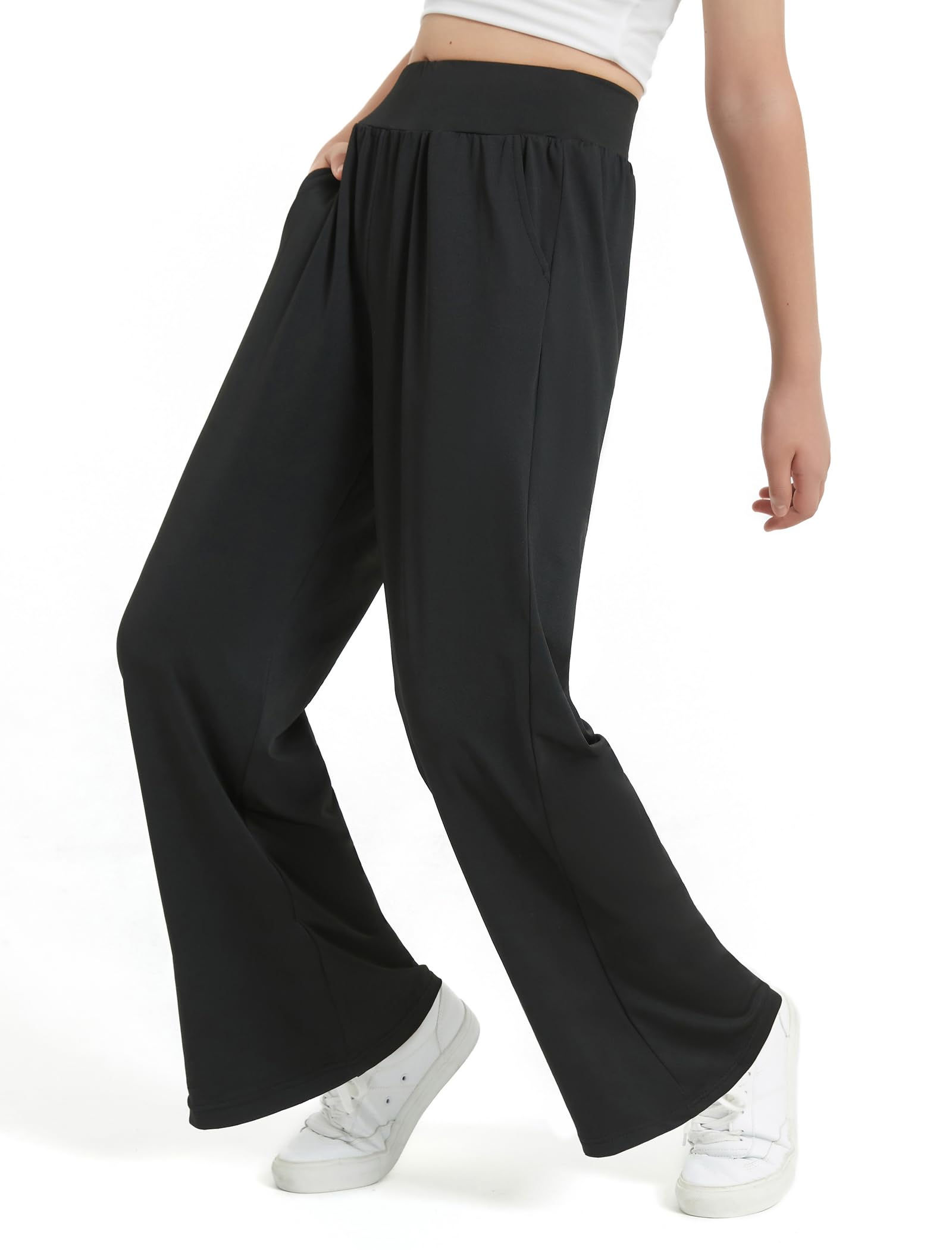 EXARUS 3 Pack Girls Flowy Pants Wide Leg Teen Elastic Loose Soft Mid Waist Causal Long Daily Comfy Solid Straight Palazzo Pants with Pockets Outdoor Black/Dark Grey/Dark Blue 14Y