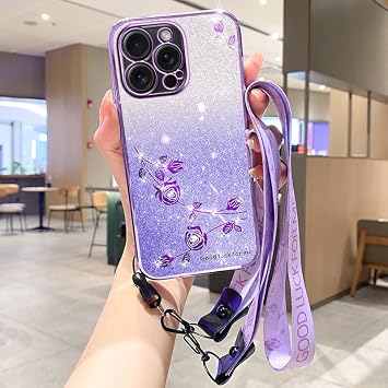 Compatible with Vivo X90/Vivo X90S, Sparkling Flower Pattern with Shoulder Strap, Thin TPU, Soft, Shockproof, Womens Smartphone Case, Wireless Charging, Stylish, Cute, Clear, Purple