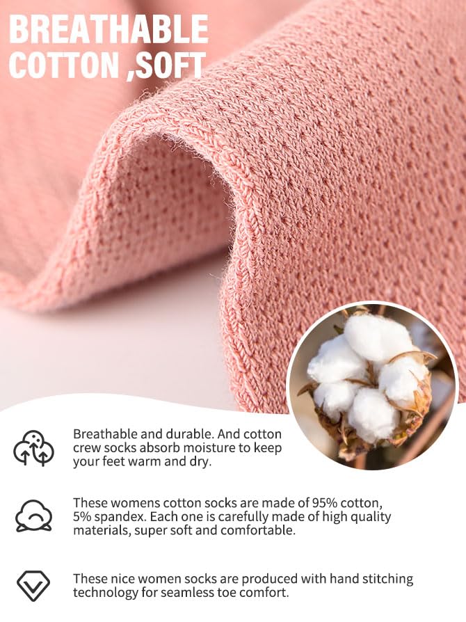 FGZ Womens Crew Socks Breathable Cotton Soft Socks Casual Thin Mid-Calf Socks for Women or Girls,5 Pairs3