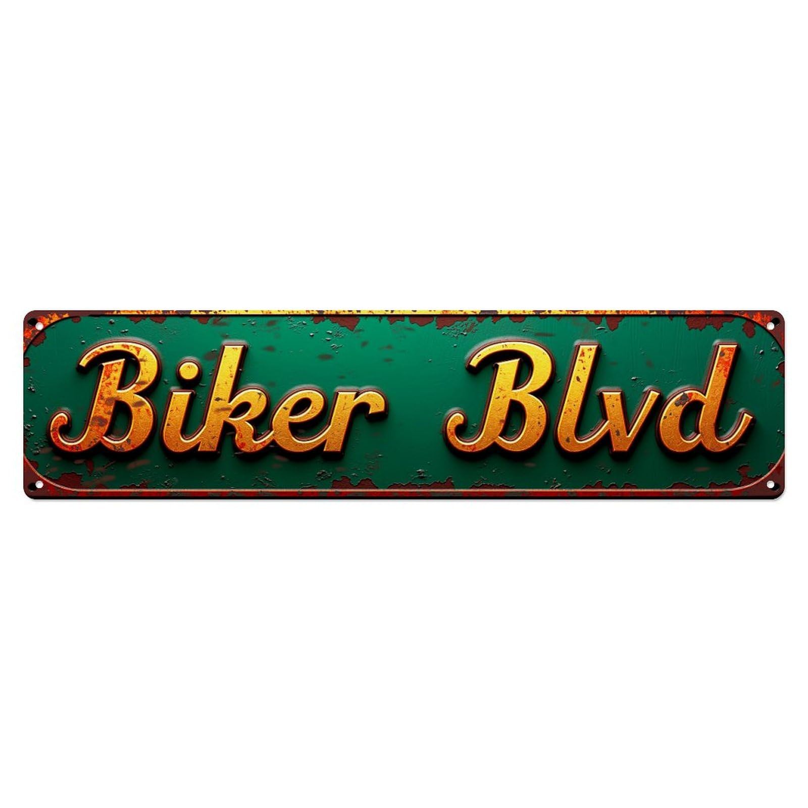 Jdyaojiesheng Vintage Biker Blvd Sign Pattern Print Tin Sign Retro Metal Wall Decor Metal Poster, Home Bar Garage Farmhouse Cafe Wall Art Decoration 4X16inch