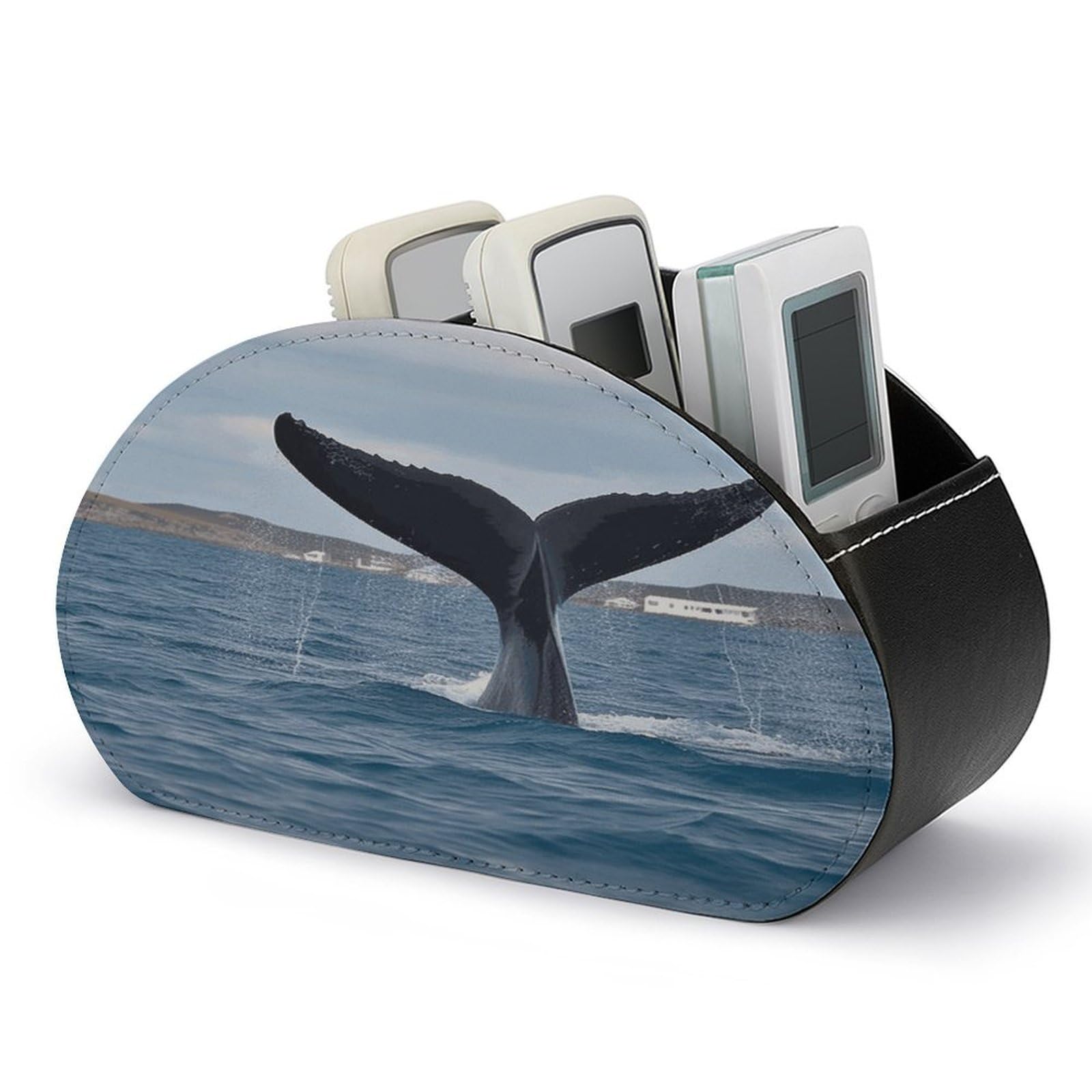 VstaDank Whale Tail Remote Control Holder with 5 Compartments TV Remote Caddy/Box PU Leather Multifunctional Office Desk Storage Box Bedside Table Desk Storage Organizer