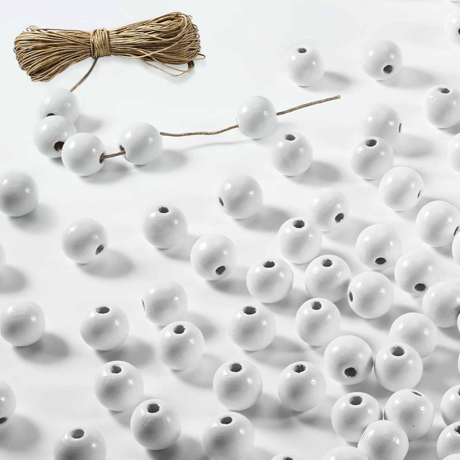 16mm YIPLED 200pcs Christmas Wooden Beads for Crafts with 10m Hemp Rope, Round White Wooden Loose Beads for Jewelry DIY Making, Garland Making and Home Decorations