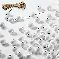 Vista 1 de 200 cuentas de madera de Navidad de 0.63 pulgadas para manualidades con cuerda de cáñamo de 3.9 pies, cuentas sueltas redondas de madera blanca