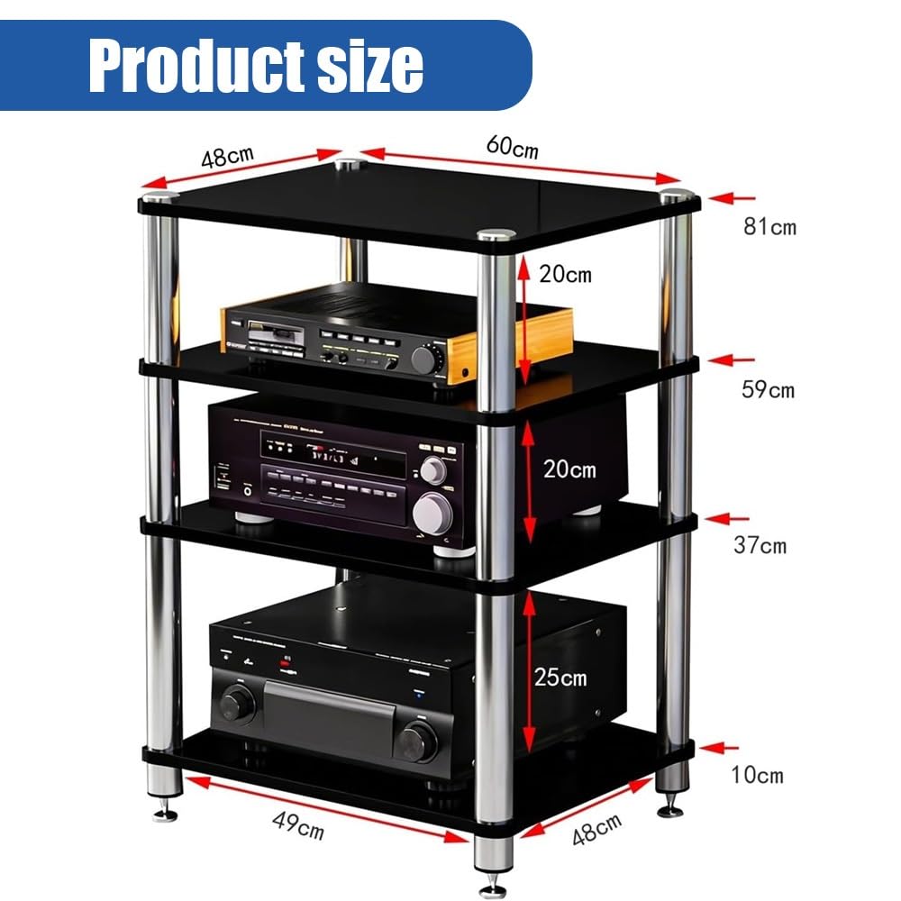 Stojak na media AV z poziomem 2/3/4, stojak HiFi, stojak na audio, szafka na komponenty, stojaki i stojaki stereo, szafka na audio, półka na audio-wideo (czarny, 2-poziomowy, 60 x 48 x 40 cm)
