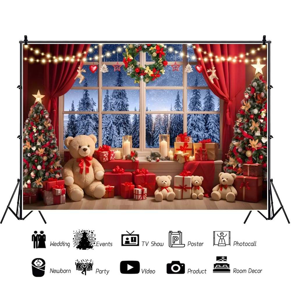 3x2.5m Toile de Fond Photo de noël Hiver forêt Neige Luxe Arbre de noël Photographie Fond Rideau Rouge Couronne de pin Nouvel an Famille fête décors Adulte Portrait Photo Accessoire