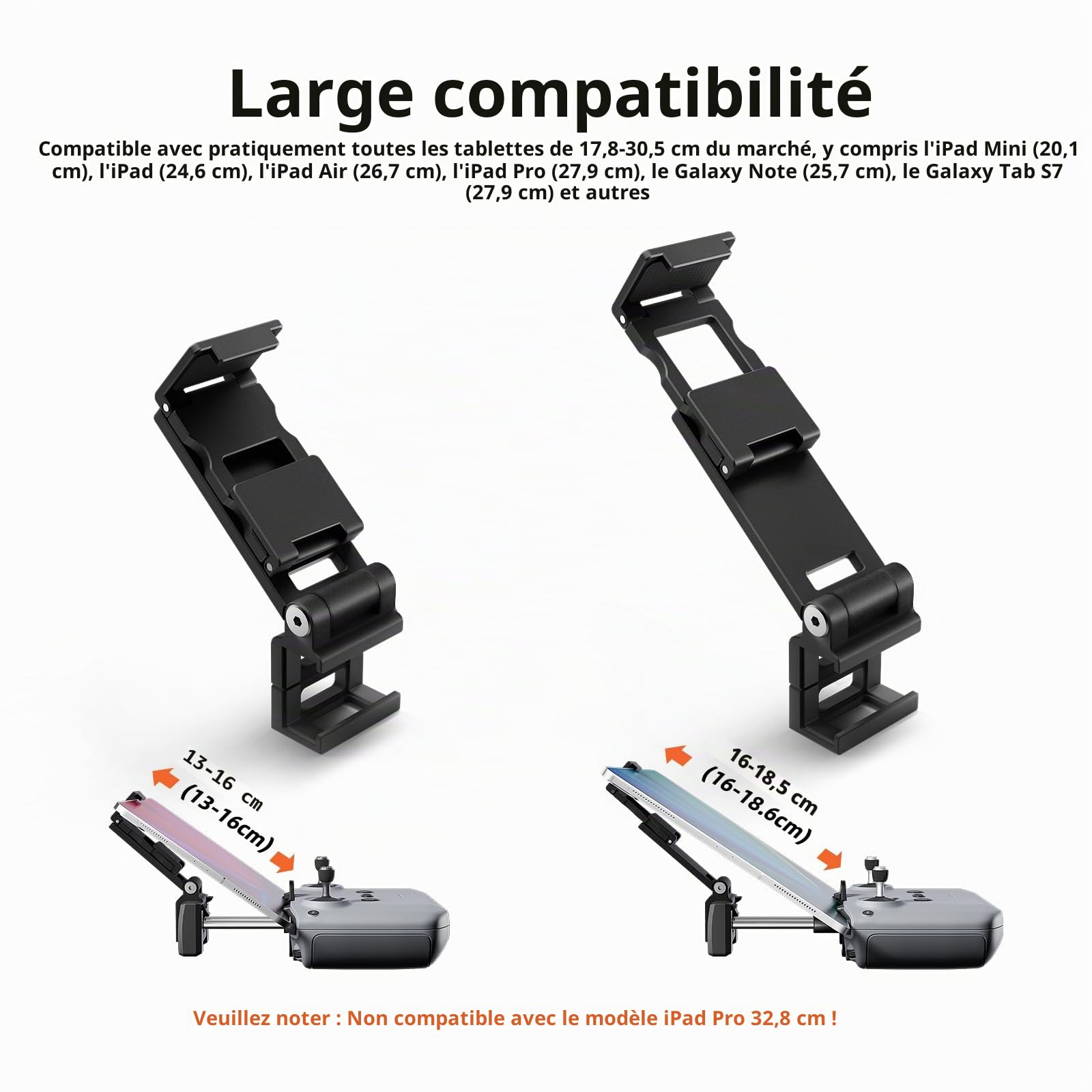FPVtosky Support de Tablette démontable pour DJI Lito 1/ X1 /Mini 5/4 Pro/Mini 4K/Neo 2/Flip, Support de Montage Pliable pour iPad de 7-12 Pouces, Comprend Un Collier et 2 câbles pour DJI RC-N1/N2/N3