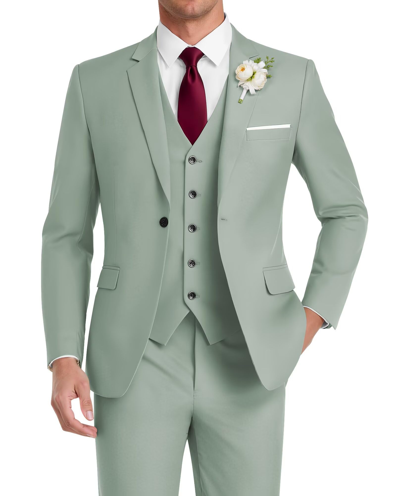 HUUTOE Men's 3 Piece Suits Slim Fit, Wedding Groomsmen Prom Business Suit, One Button Blazer Jacket Vest and Pants Tuxedo Set