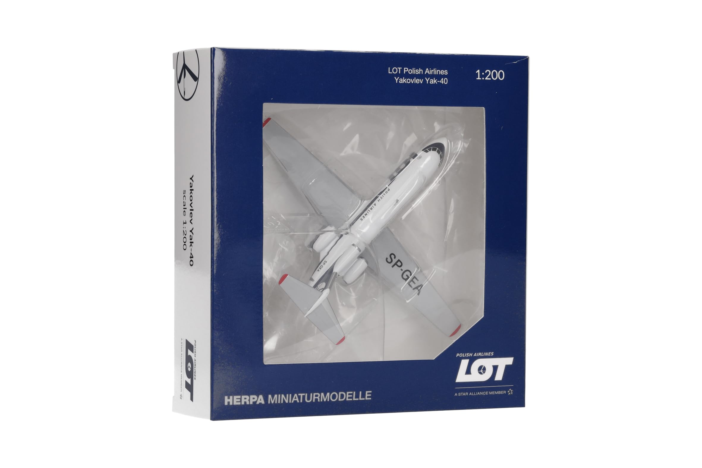 herpa Modellino aereo LOT Polish Airlines Yakovlev Yak-40, miniatura in scala 1:200, pezzo da collezione, modello senza supporto, metallo