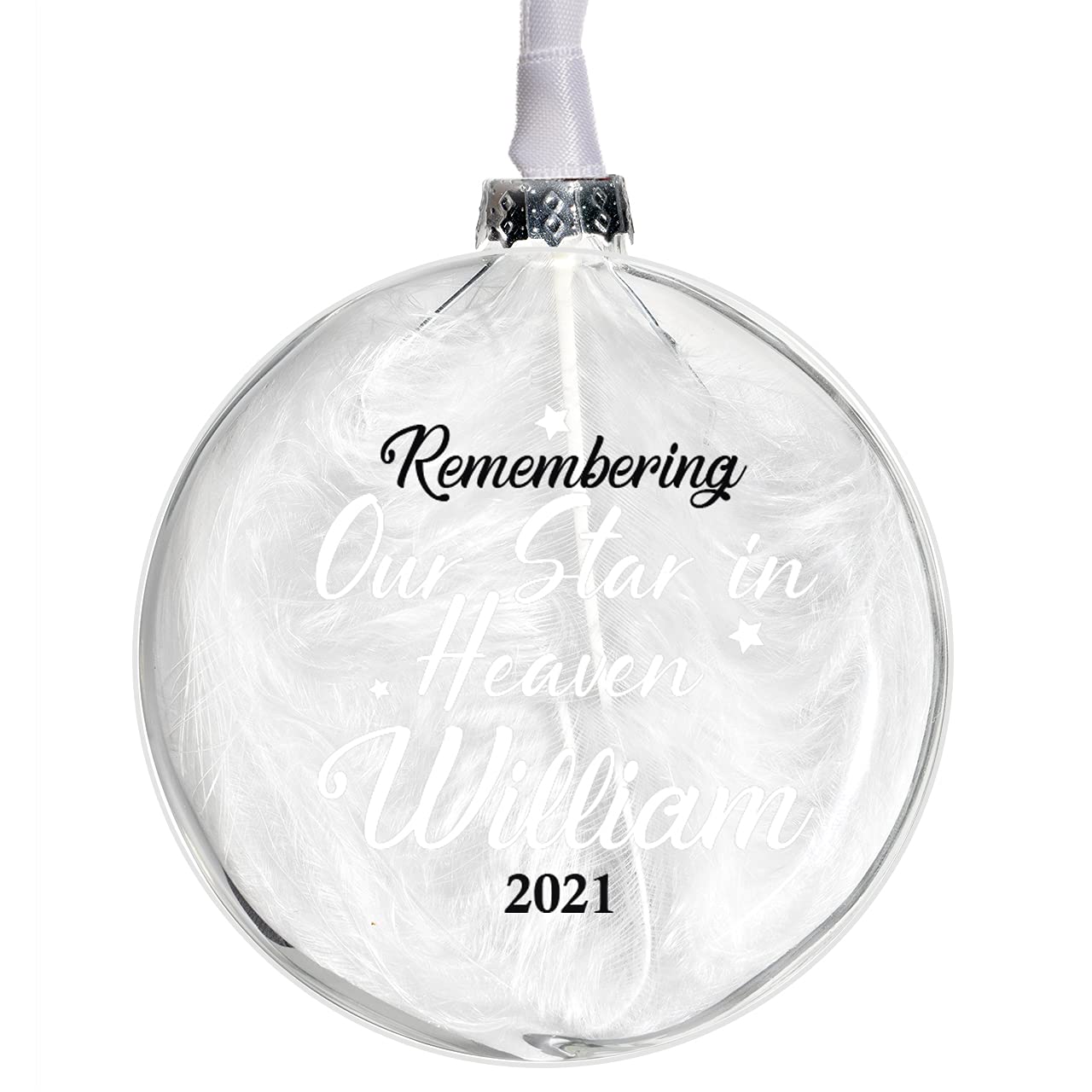 Personalised Memorial Bauble Glass In 10 Colours Filled With White Feather Remembering Our Star in Heaven Glass Christmas Tree Decoration (White)