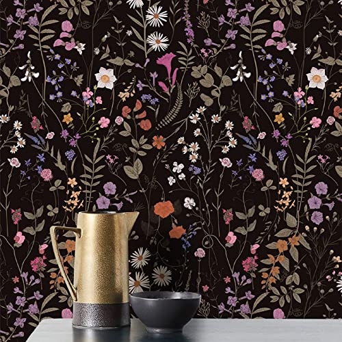 Wallpaper Self-Adhesive Blooming Vintage Colourful Flowers Wall Paper For Bedroom Living Room Cabinet, Peel And Stick Beige Sketch Little Flowers Wallpaper Mural 25.8Sq. Feet (236.2"X17.3", Black) #TOP4