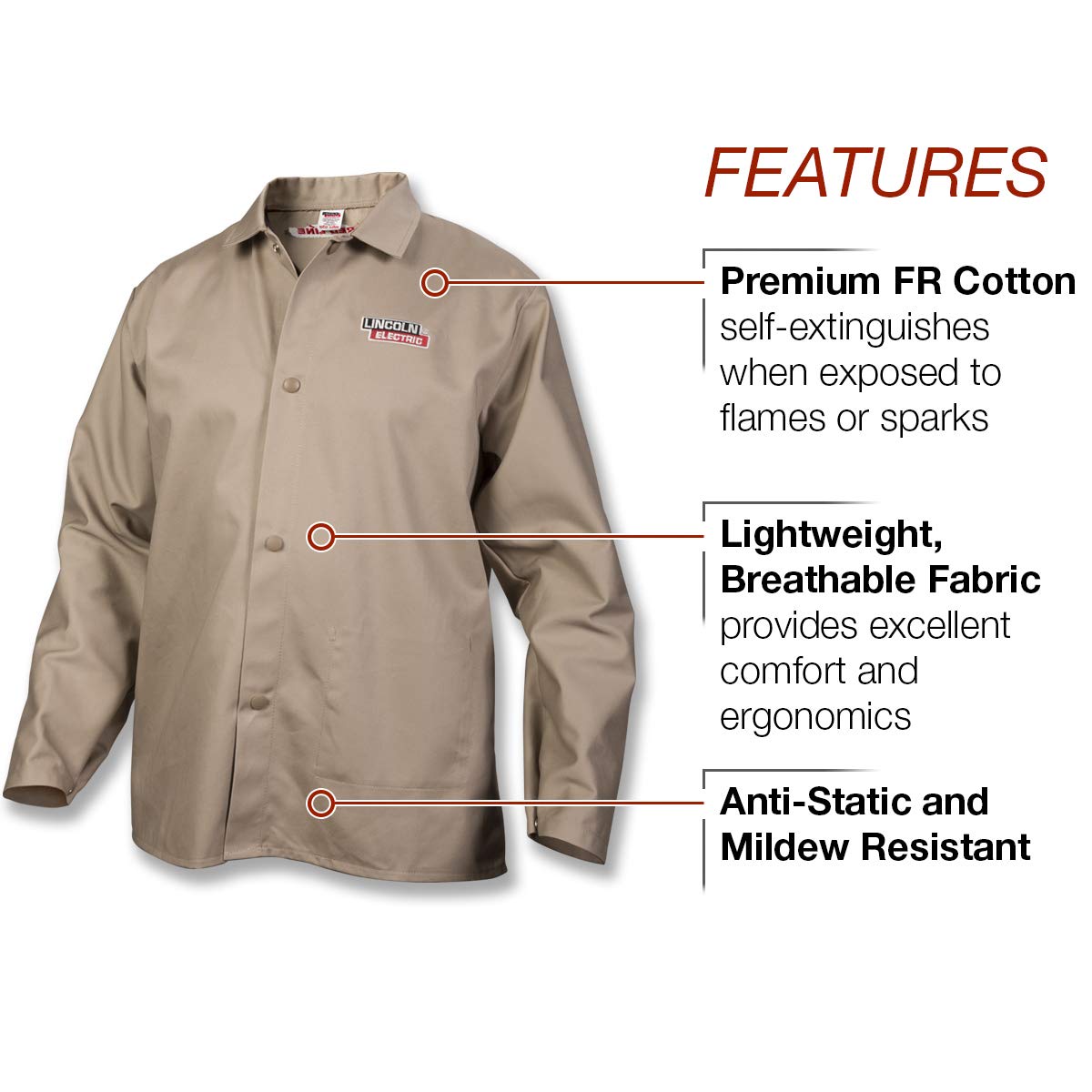 Lincoln Electric Premium Flame Resistant (FR) Cotton Welding Jacket | Comfortable | Khaki / Tan | Large | K3317-L