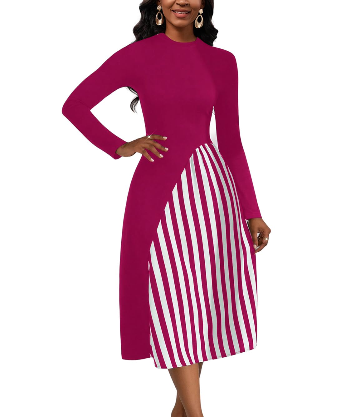 HipGlamp Women's Casual Crew Neck Long Sleeve Dress 2024 Splice Striped Midi Dress Pencil Cocktail Dresses