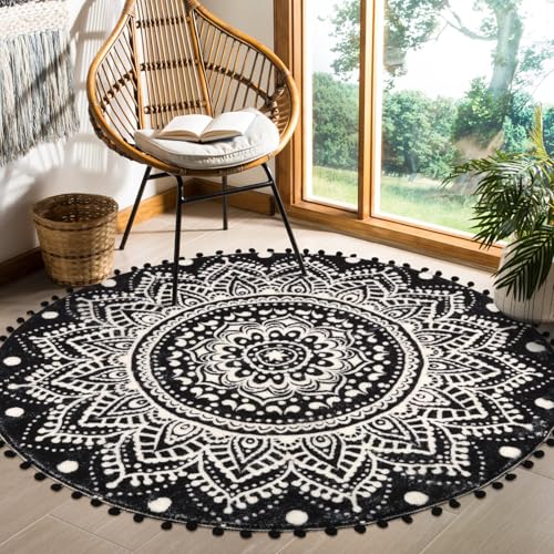Uphome Boho Round Rug For Living Room 4' Circular Black Mandala Area Rug With Pom Poms Fringe Washable Cute Bohemian Accent Throw Rugs Non-Slip Soft Floor Mat For Bedroom Sofa Kids Room Nursery thumb #6