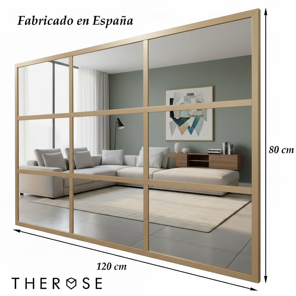 THEROSE Espejo Ventana Dorado, Espejo Industrial, Aluminio Oro, 120 x 80 cm