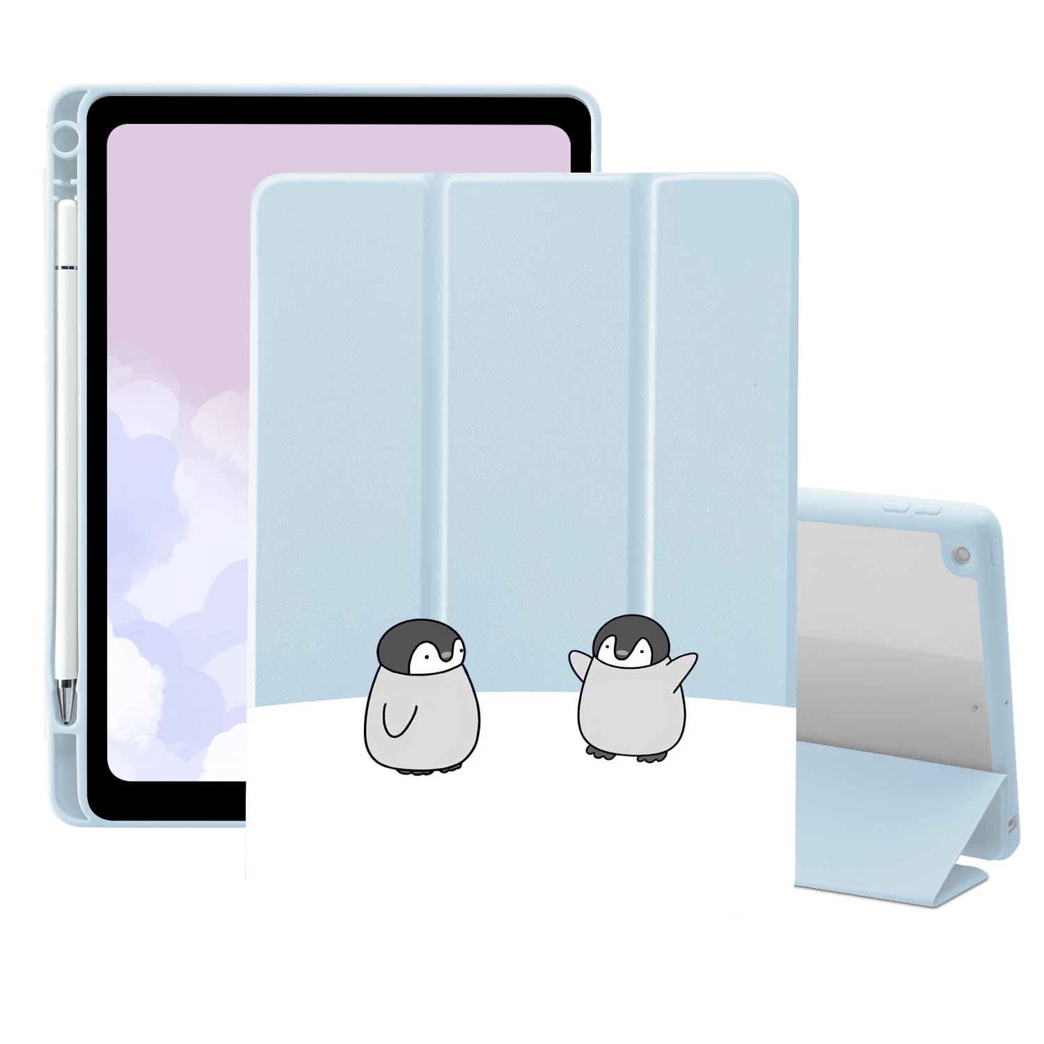 Cartoon-Pinguin-Schutzhülle für iPad A16 11. Generation 2025 11 Zoll / iPad 10. Generation 2022, 27,7 cm (11 Zoll), mit Stifthalter, faltbar, blaues Leder, niedlich, transparent
