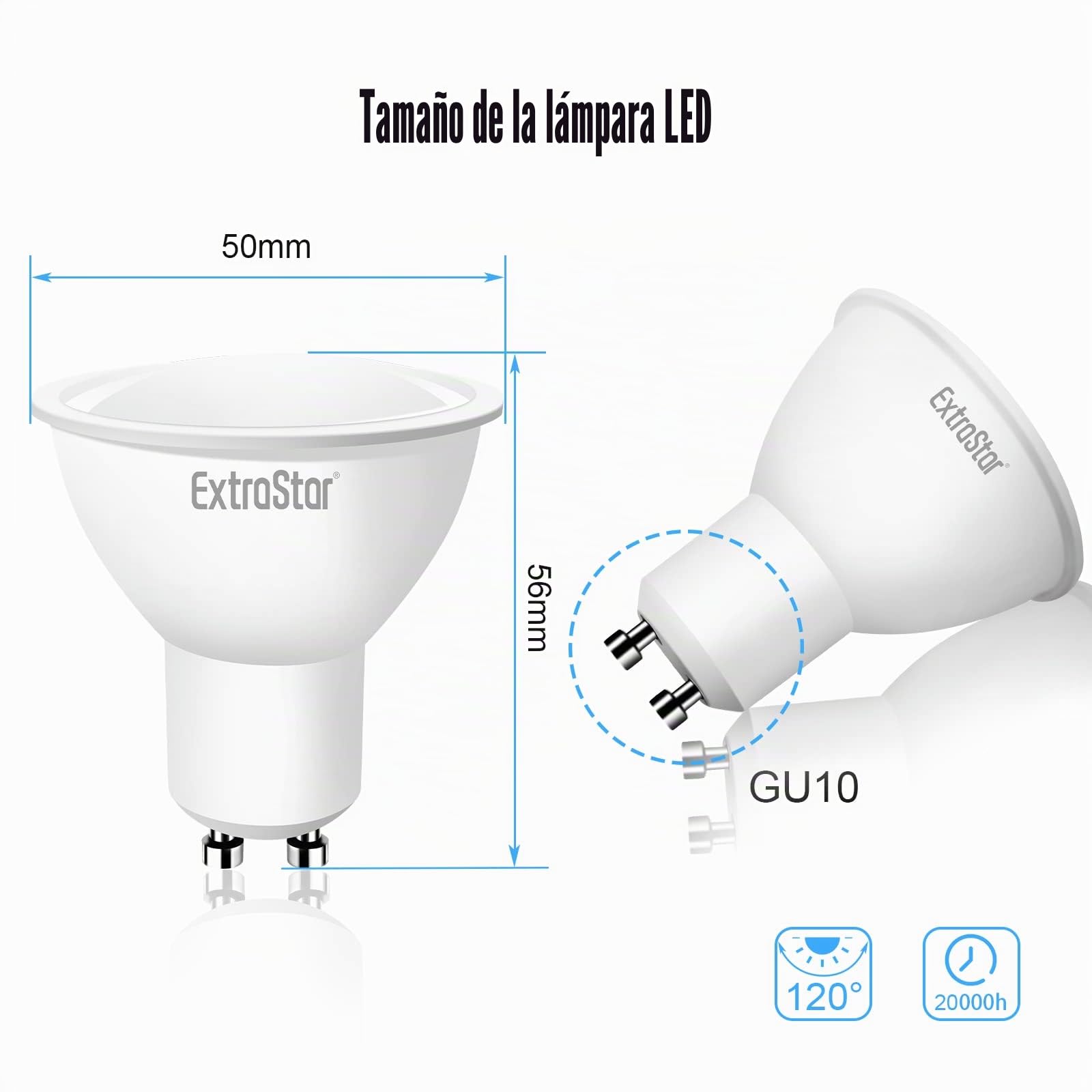 EXTRASTAR Bombilla LED GU10, 8W, 3000K 640 lúmenes Luz Blanca Cálida 64W (Paquete de 5)