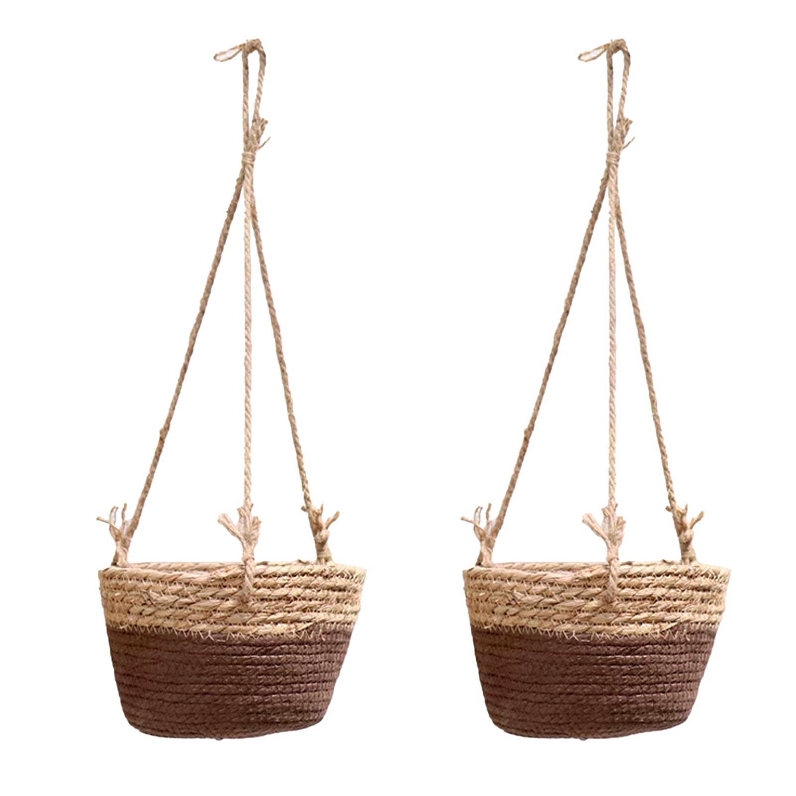 2PCS Hanging Planter Basket, Straw Plant Pot, Jute Rope Woven Plant Hanger, Hand Woven Plant Flower Pots Cover with Plastic Liner for Garden, Outdoor, Indoor, Balcony(Coffee)