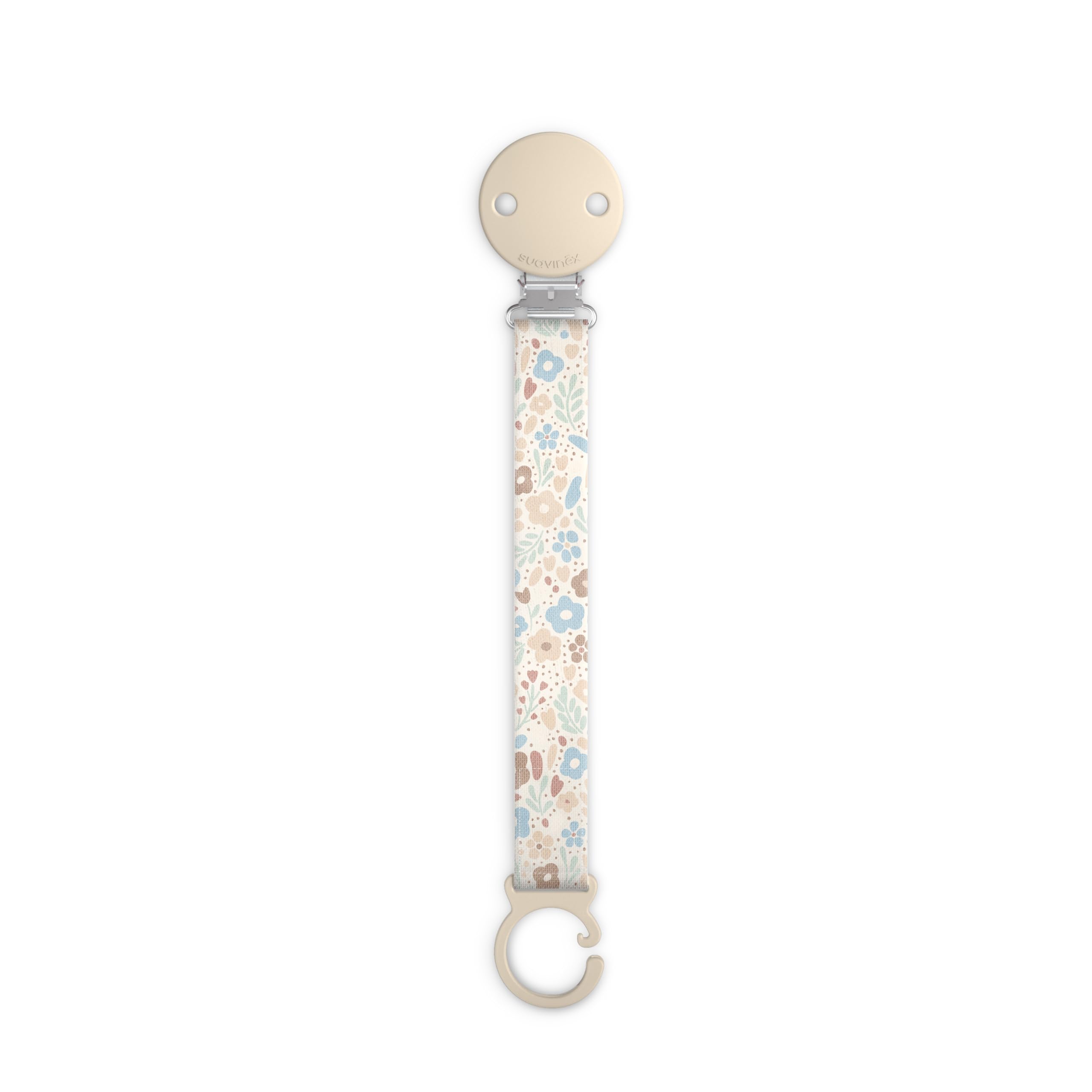 Suavinex, Portaciuccio in tessuto per neonati, Nastro con disegno double-face, Catenella per ciuccio, Clip con fermaglio, per ciucci con anello. +0 mesi, adatto ai neonati, Wonder Fiori Beige