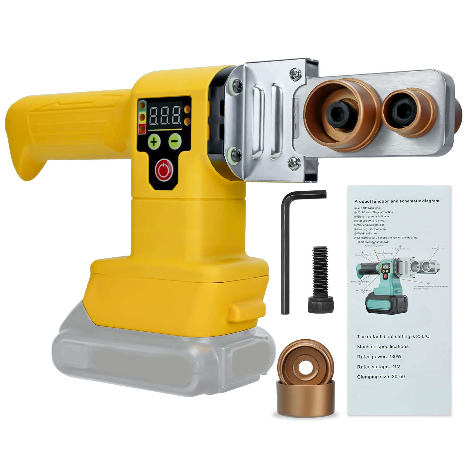 Cordless Plastic Water Pipe Welder, Digital Display Hot Melt Tools Compatible for Dewalt 20V batterry, 280W Pipe Welding Machine with 6 Die Heads for PE, PPR, PVC,PB Pipes (220 to 320℃ Temperature)