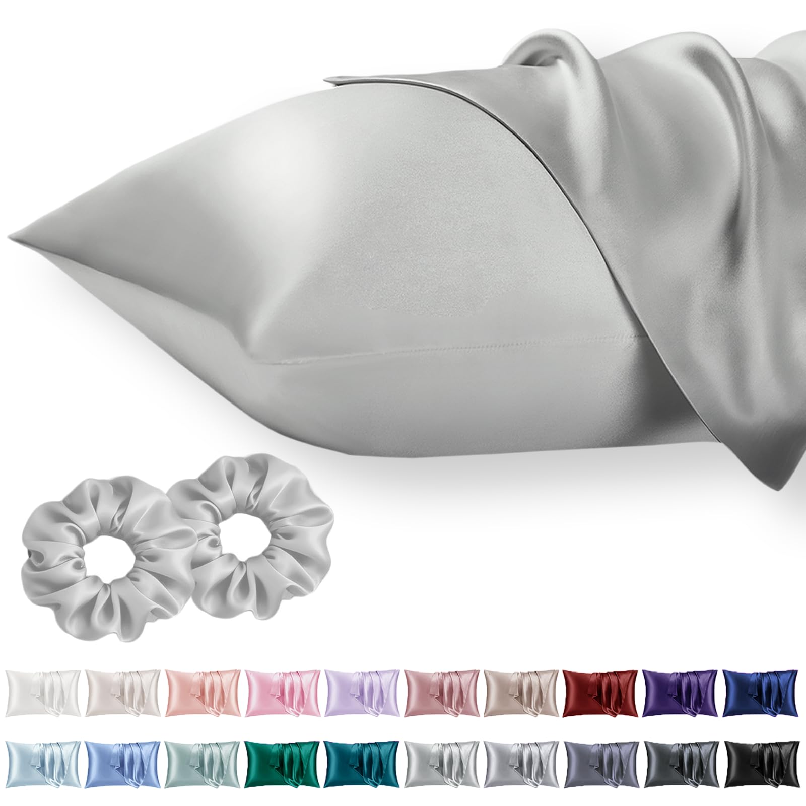Vielit Queen Satin Pillowcase for Hair 2pc,Similar to Silk Pillow Cases,Easier Care Than Silk Pillowcase,Gifts for Women Men,Silver Grey,20x30 & Envelope Closure and 2 Satin Scrunchies
