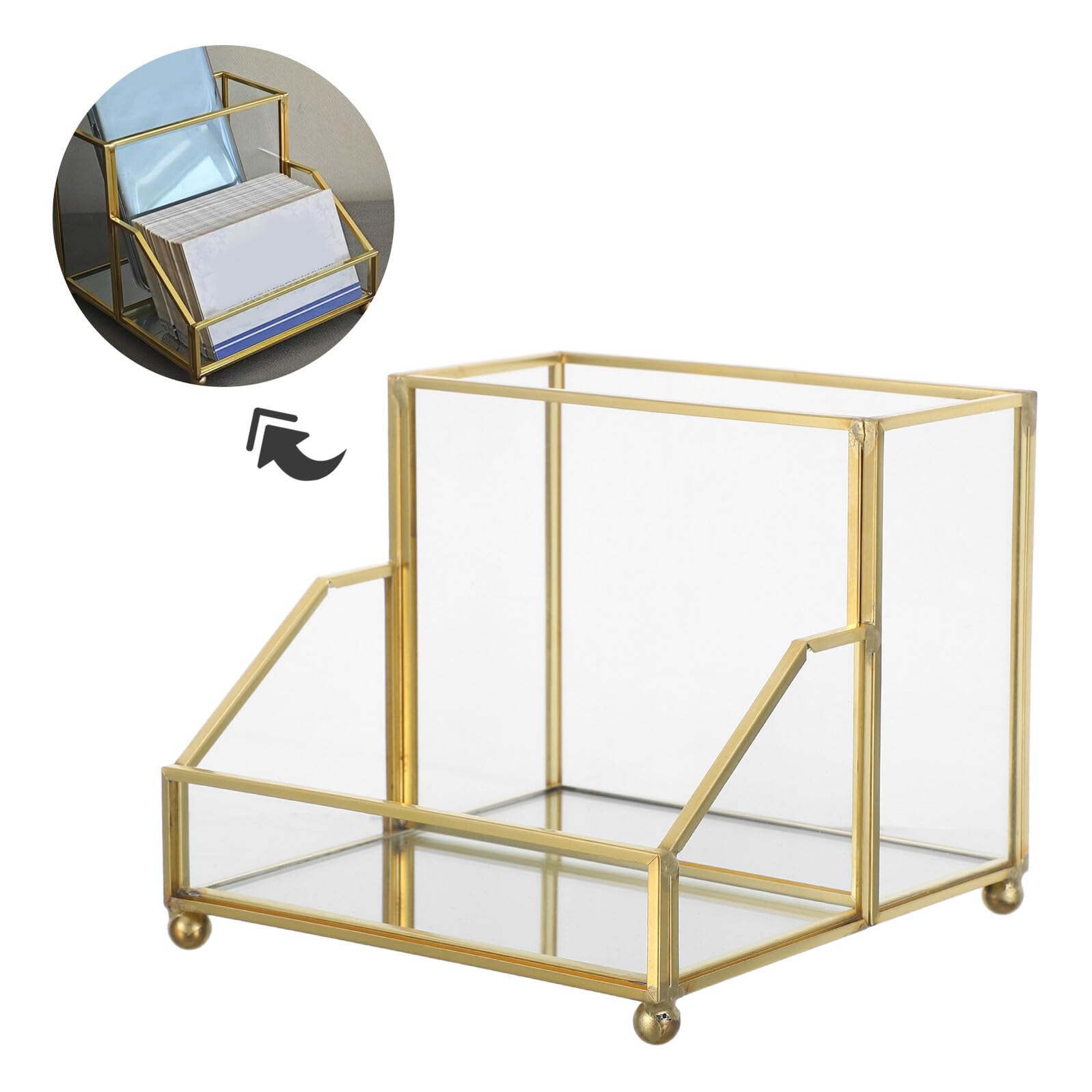 Tarjetero de Vidrio E Hierro con Marco Dorado para Escritorio | Borde Dorado Elegante, Uso en Mesa y Oficina, Intercambio Rápido de Tarjetas