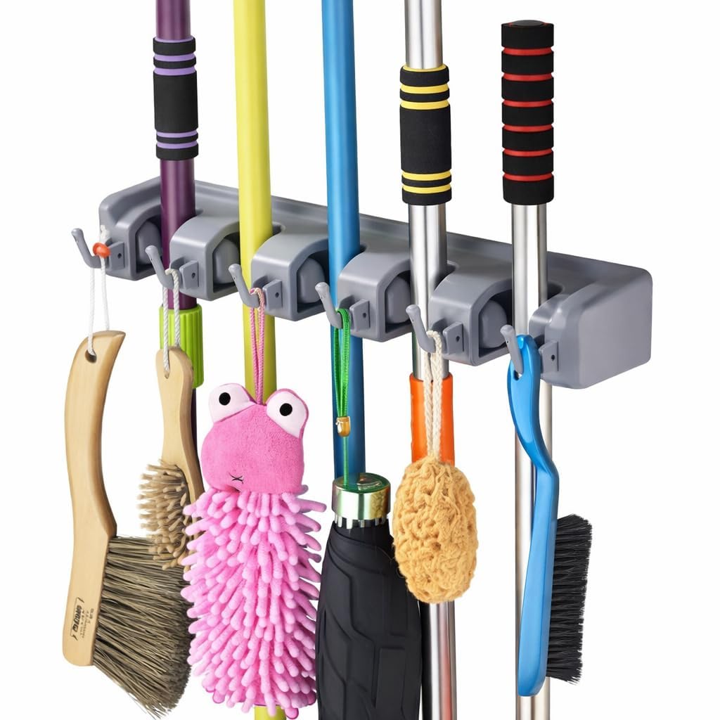 Wall Mounted Mop and Broom Holder with 5 Slots and 6 Hooks | Holds up to 11 Tools, Garage Storage, Kitchen and Garden Use, Strong Grip Design, Space-Saving Organiser-image-7