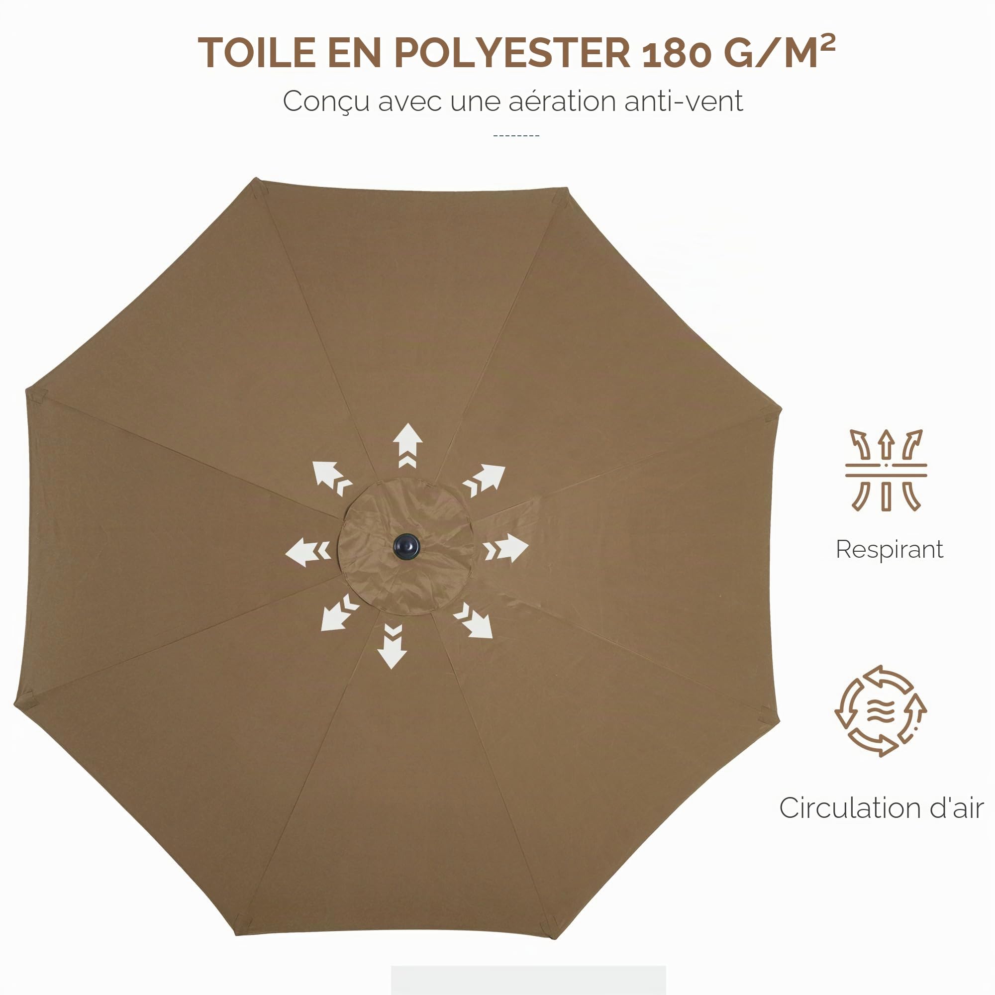 Outsunny Parasol Ø300x252cm inclinable canopée manivelle marron