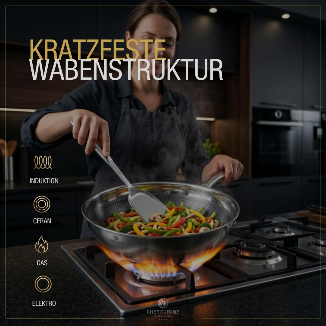 Wokpfanne 32cm Edelstahl Honeycomb Wabenstruktur Induktion Wok | Kratzfest für Messer & Metall, Aluminiumkern bis in den Rand, genieteter Griff, Schüttrand, backofengeeignet 260 °C