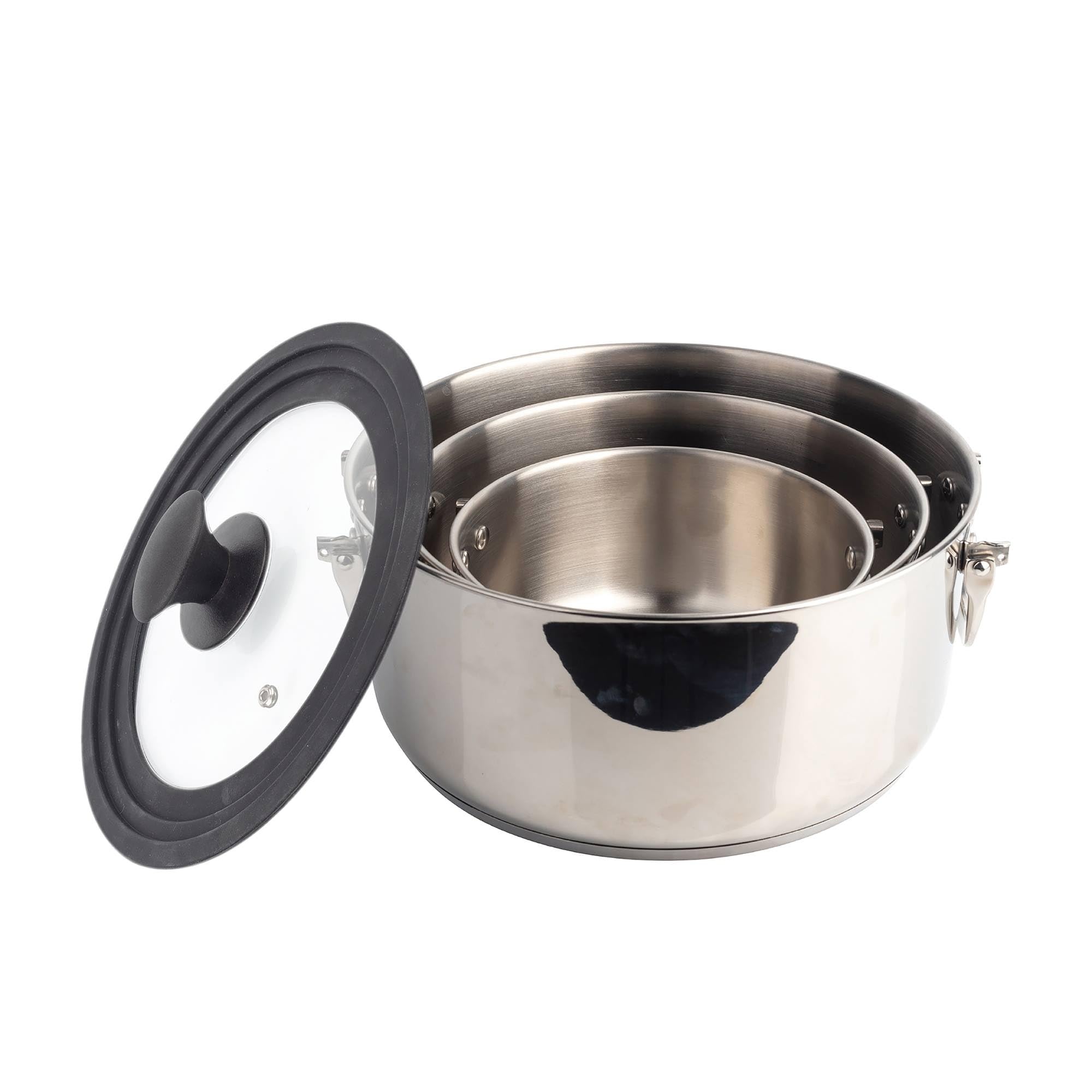 MasterPRO Foodies - Batterie de cuisine - 4 pièces avec des casseroles de 4, 20 et 24 cm et un couvercle en verre - fabriqué en acier inoxydable - compatible avec toutes sortes de cuisines